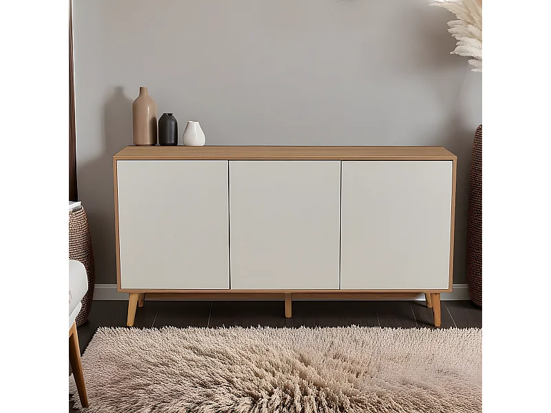 Bahut Norway 3 portes / chêne blanchi et blanc