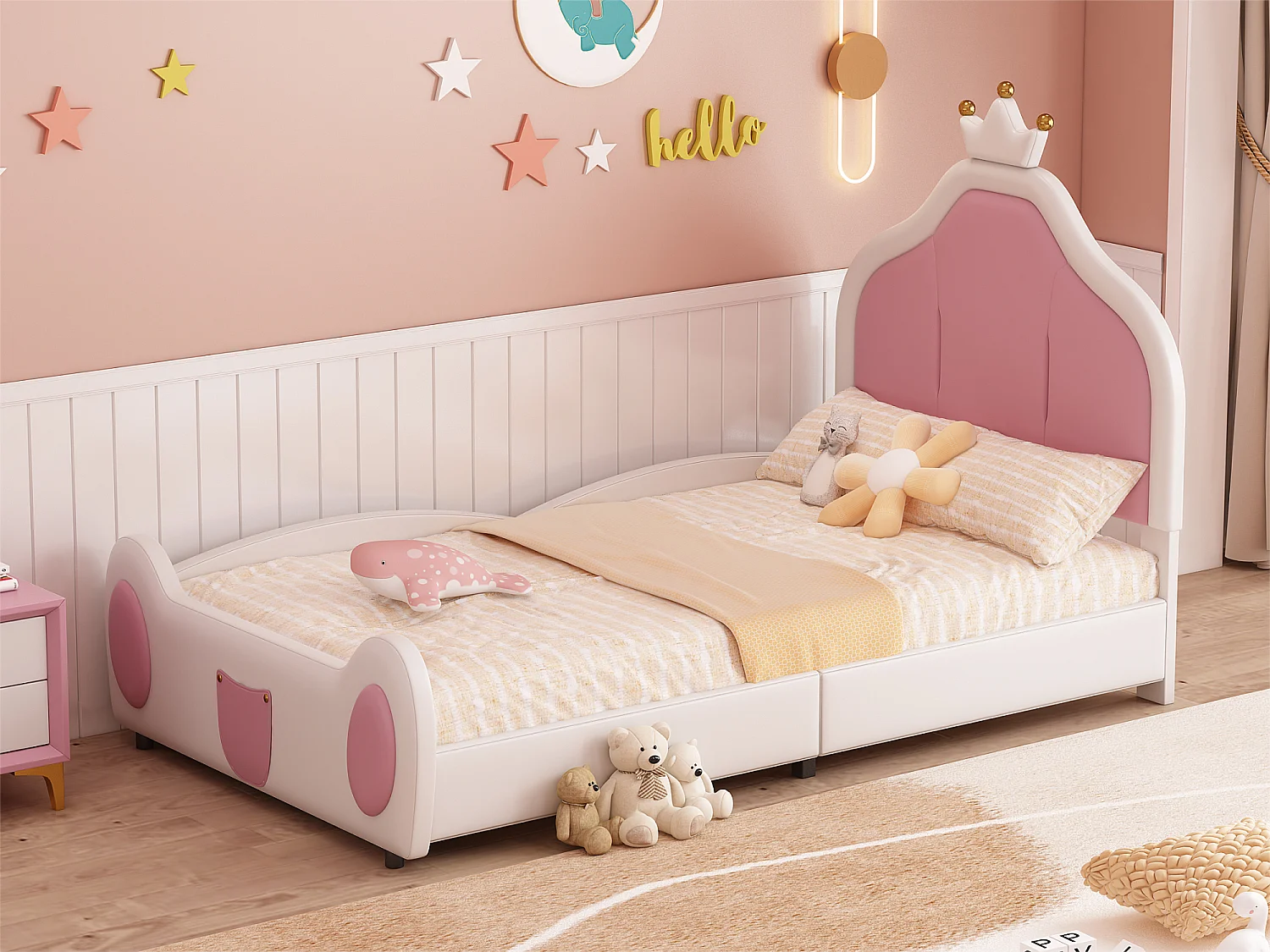 Lit enfant 90x200 cm en similicuir - tête de lit avec moulure couronnée - Blanc