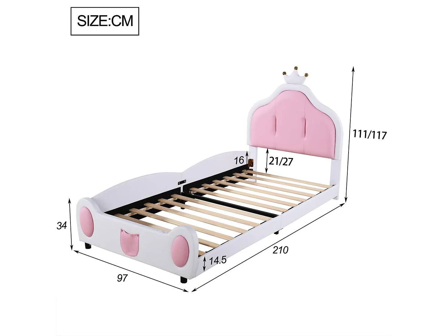 Lit enfant 90x200 cm en similicuir - tête de lit avec moulure couronnée - Blanc