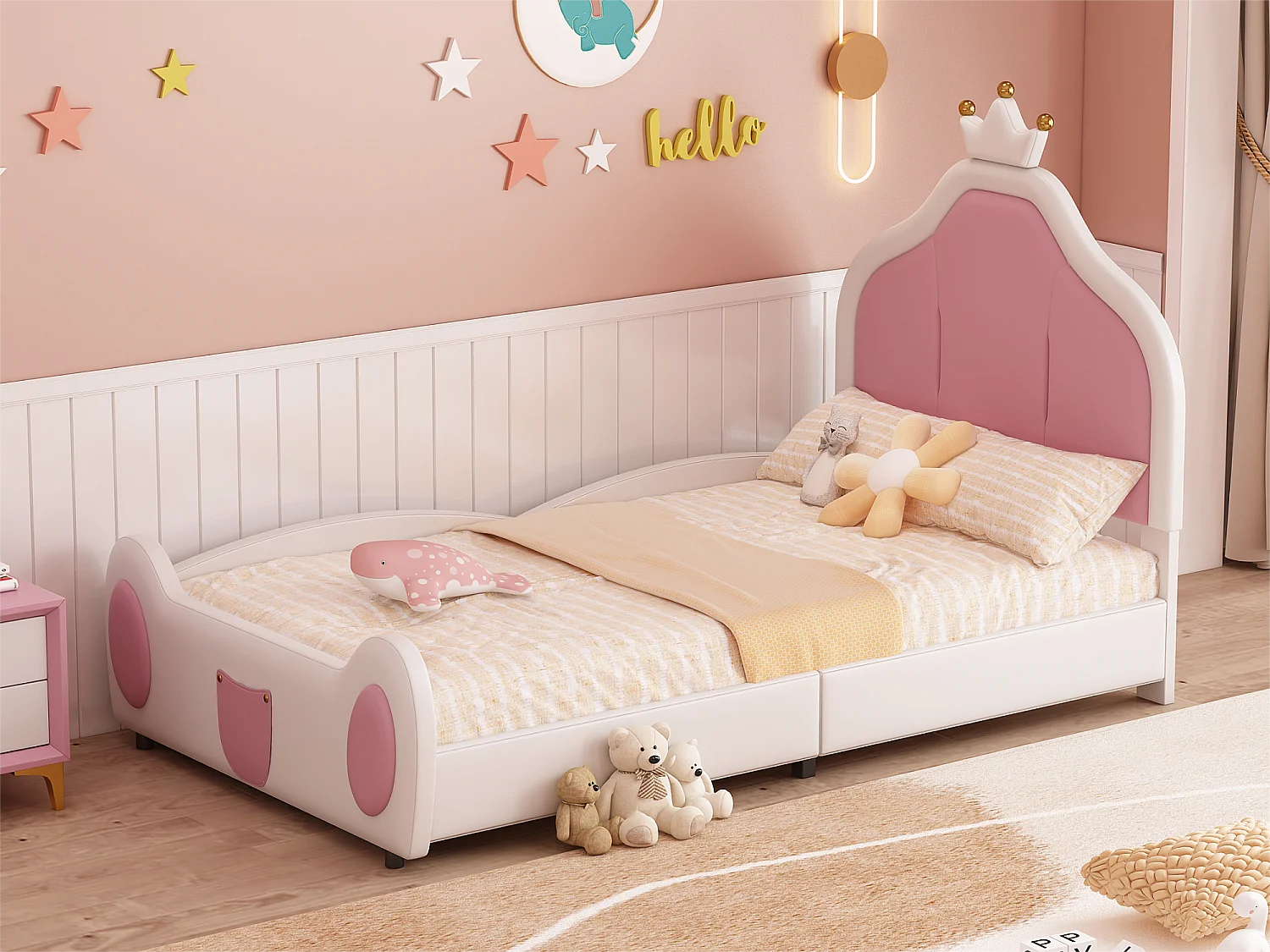 Kinderbed 90x200 cm in kunstleer - hoofdeinde met kroonlijst - Wit