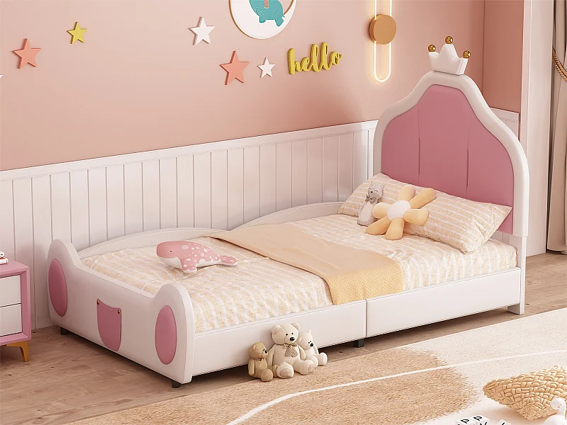 Kinderbett 90x200 cm aus Kunstleder – Kopfteil mit Zierleiste – Weiß