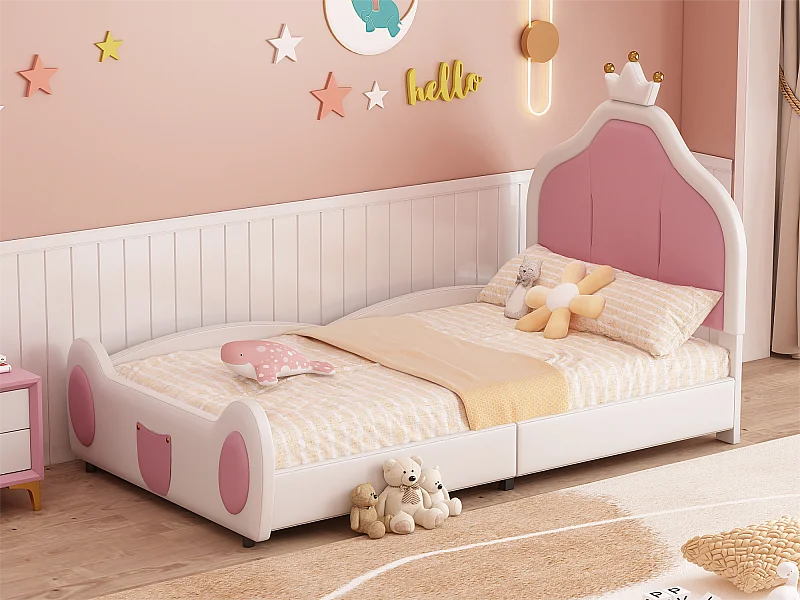 Kinderbed 90x200 cm in kunstleer - hoofdeinde met kroonlijst - Wit