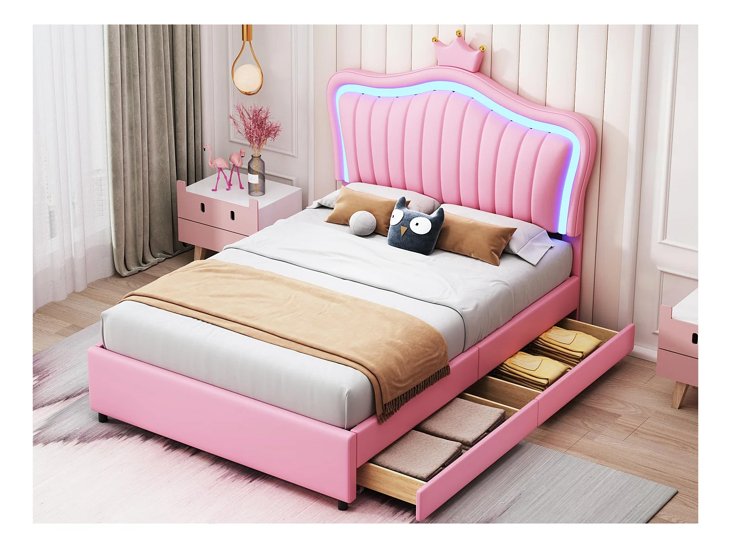 Lit enfant en similicuir 90x200 cm - avec LED et 2 tiroirs - avec sommier à lattes - Rose