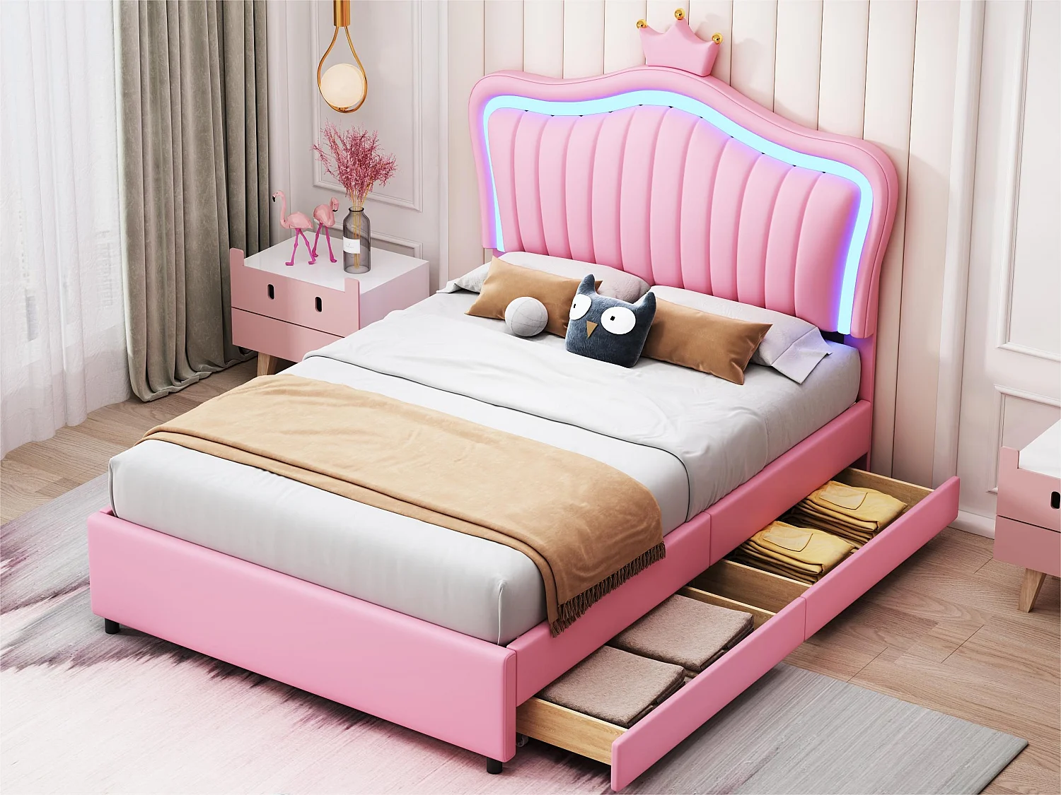 Lit enfant en similicuir 90x200 cm - avec LED et 2 tiroirs - avec sommier à lattes - Rose