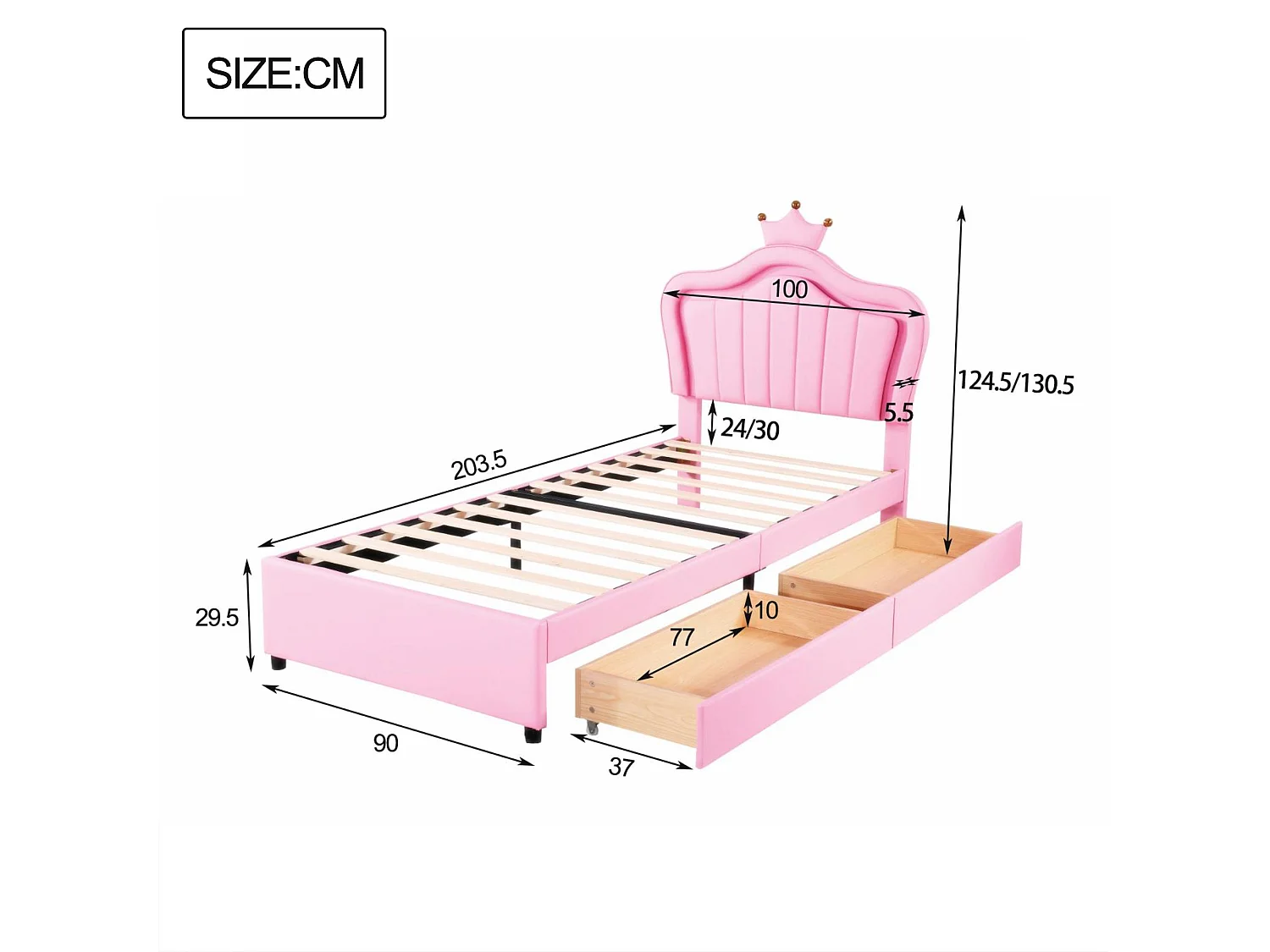 Lit enfant en similicuir 90x200 cm - avec LED et 2 tiroirs - avec sommier à lattes - Rose