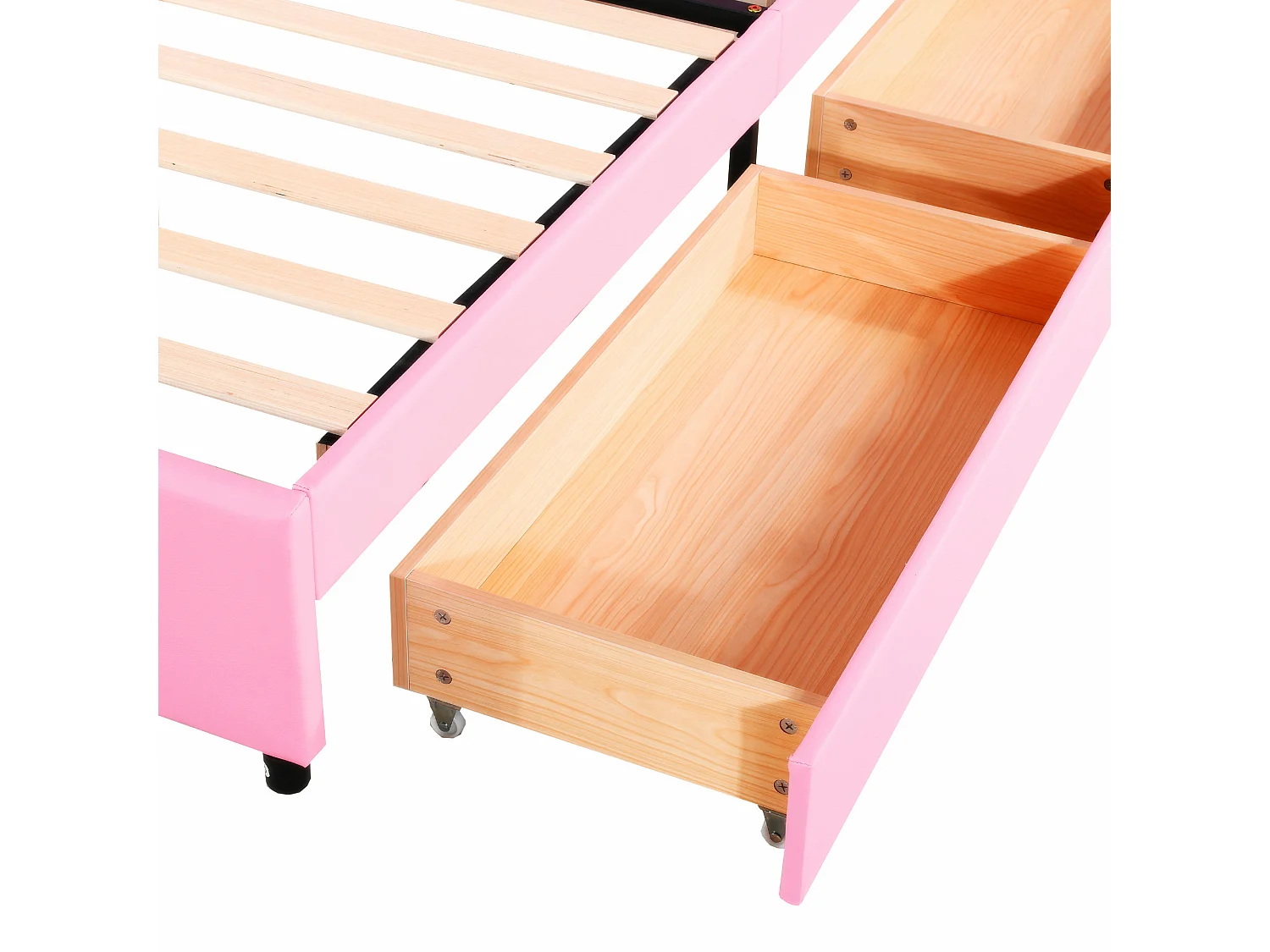 Lit enfant en similicuir 90x200 cm - avec LED et 2 tiroirs - avec sommier à lattes - Rose