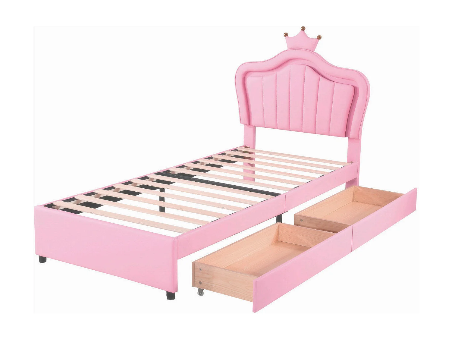 Lit enfant en similicuir 90x200 cm - avec LED et 2 tiroirs - avec sommier à lattes - Rose