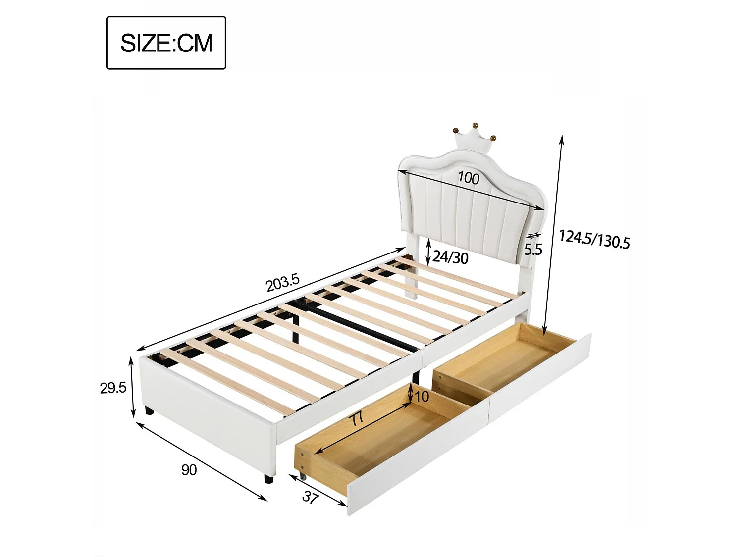Kinderbett aus Kunstleder 90x200 cm – mit LED und 2 Schubladen – mit Lattenrost – Weiß
