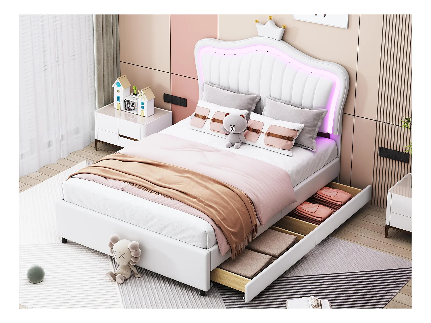 Lit enfant en similicuir 90x200 cm - avec LED et 2 tiroirs - avec sommier à lattes - Blanc