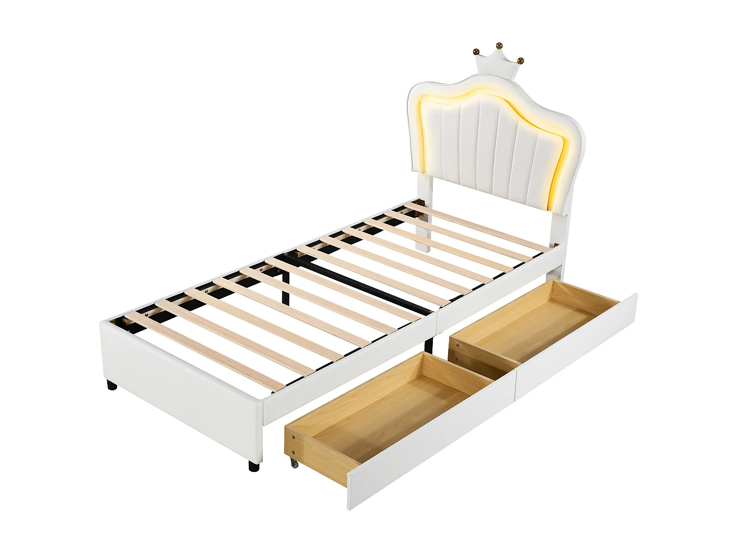 Kinderbett aus Kunstleder 90x200 cm – mit LED und 2 Schubladen – mit Lattenrost – Weiß