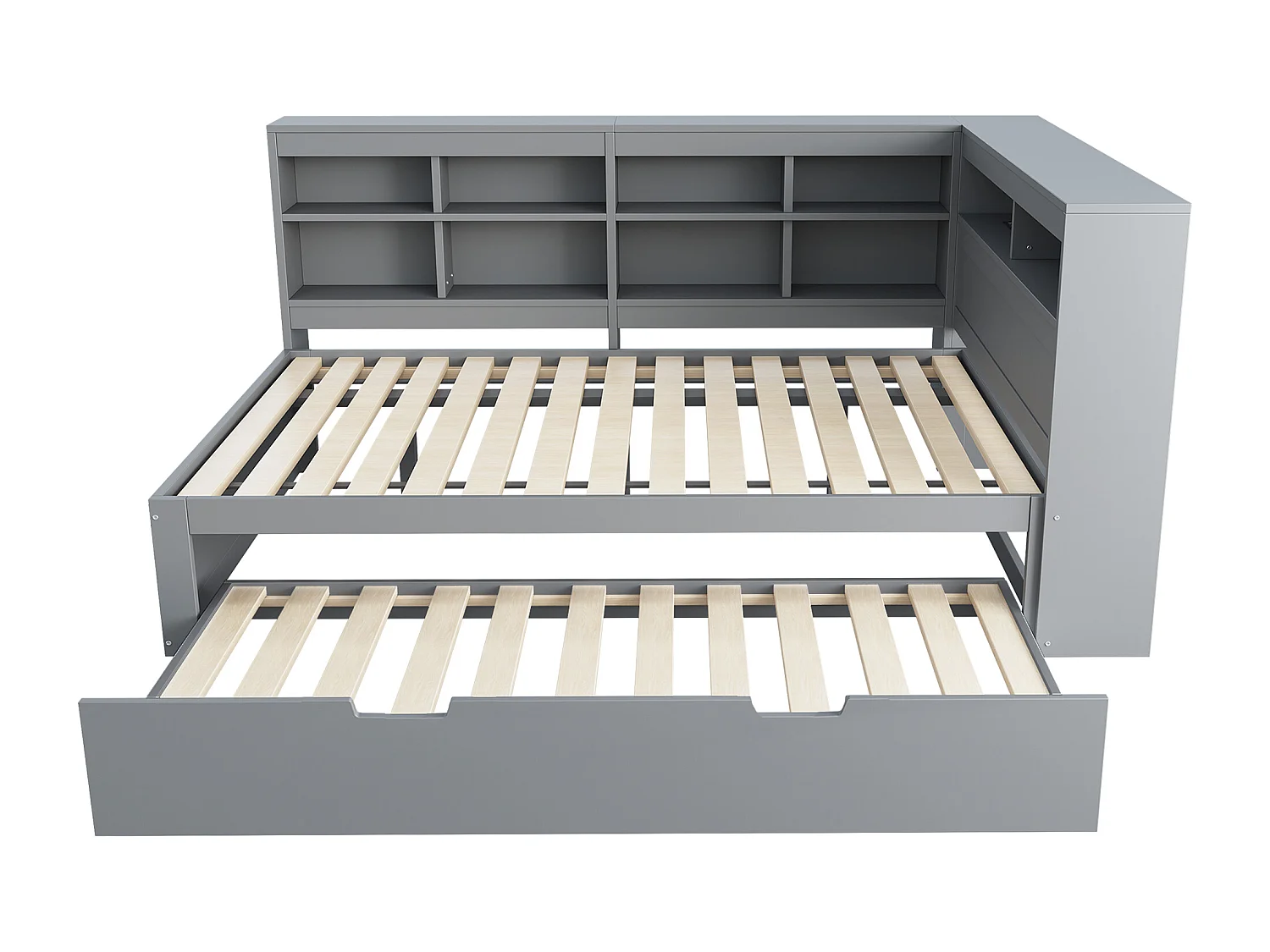 Slaapbank 140x200 cm met onderschuifbed 90x190 cm - met USB en meerdere opbergruimtes - in massief hout - Grijs