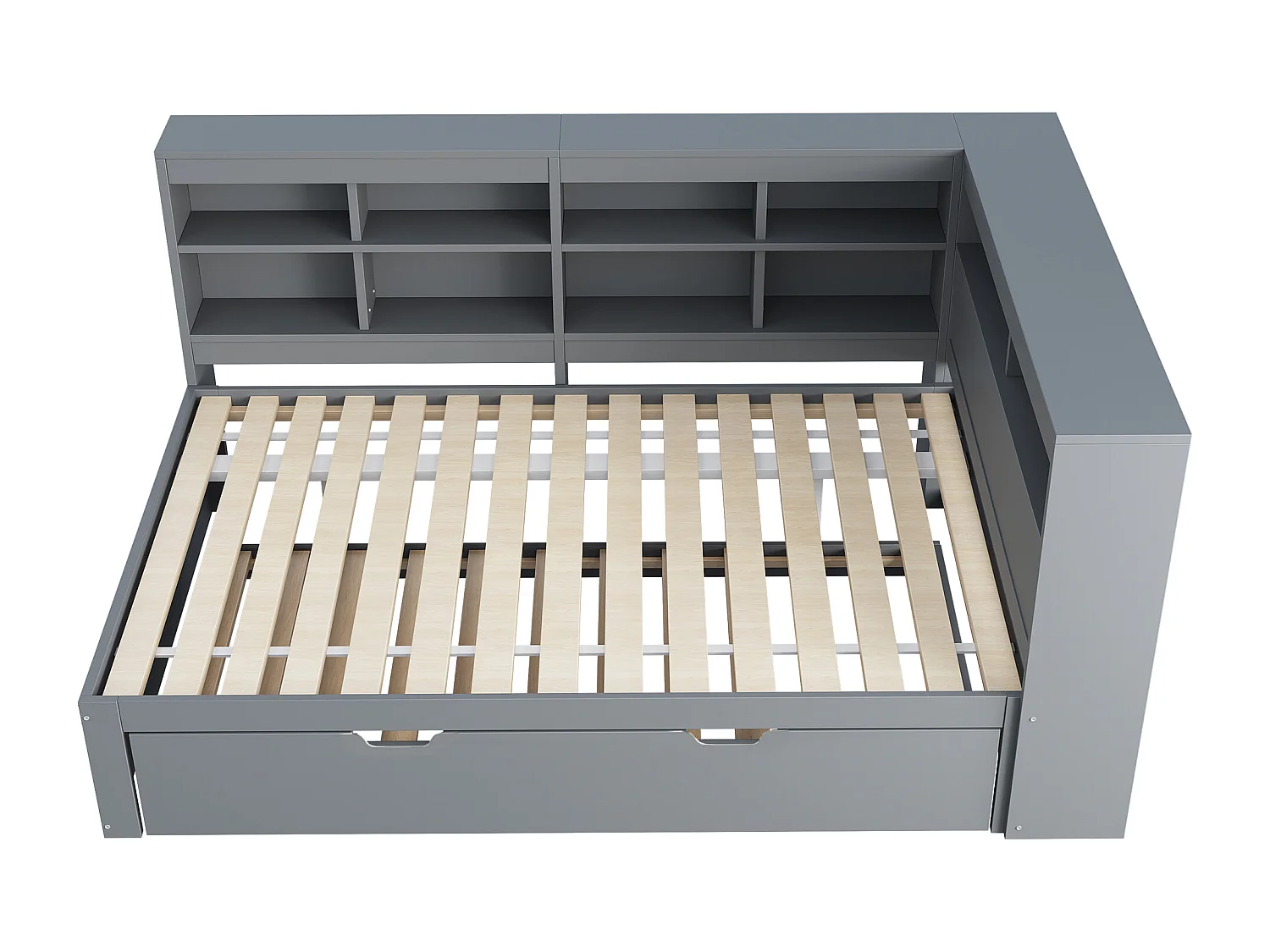 Slaapbank 140x200 cm met onderschuifbed 90x190 cm - met USB en meerdere opbergruimtes - in massief hout - Grijs