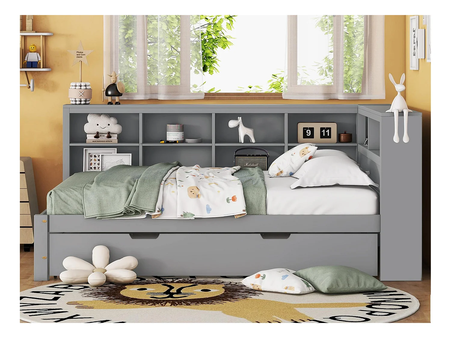 Lit banquette 140x200 cm avec un lit gigogne 90x190 cm - avec USB et multiples rangements - en bois massif - Gris