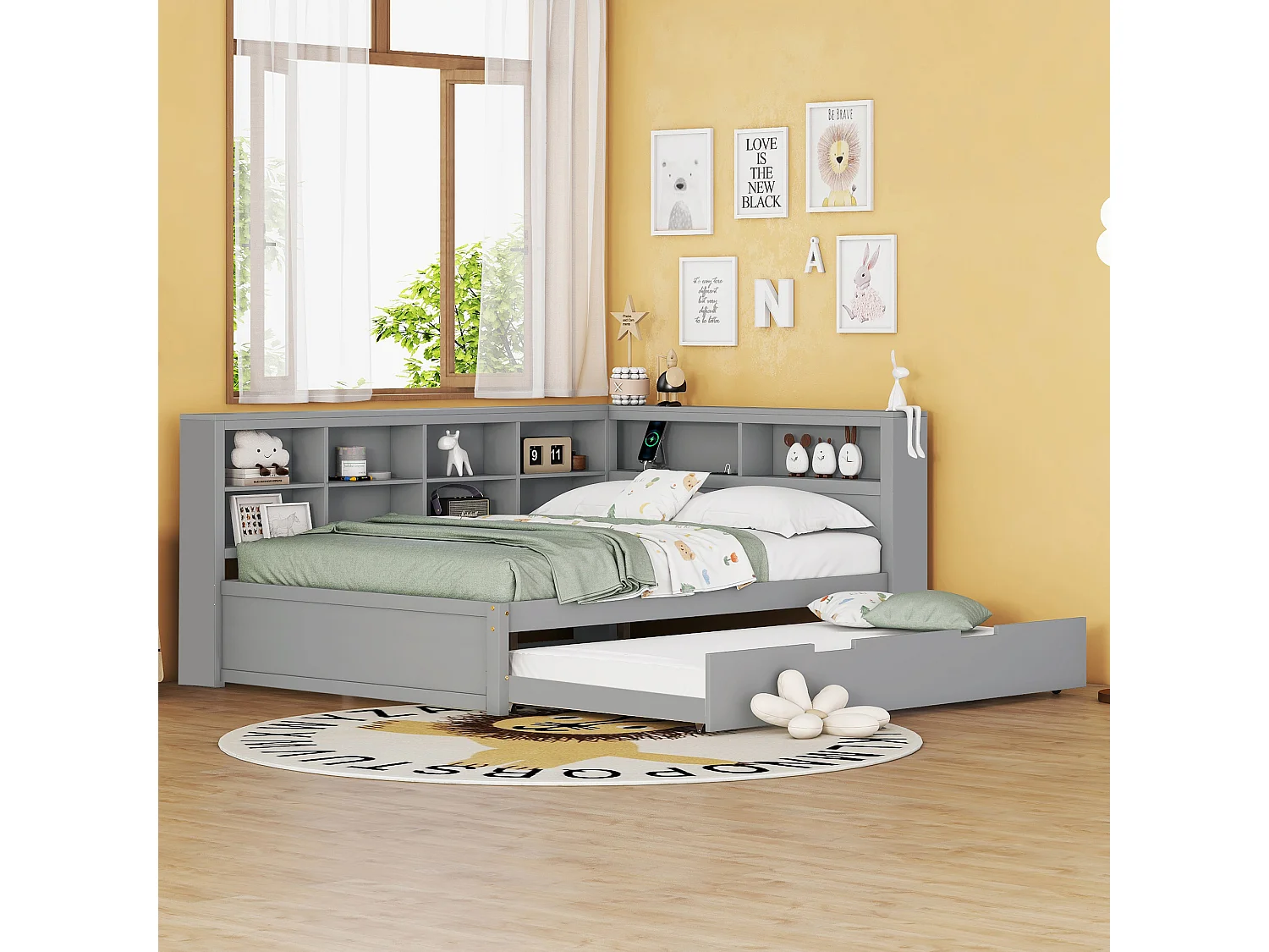 Lit banquette 140x200 cm avec un lit gigogne 90x190 cm - avec USB et multiples rangements - en bois massif - Gris