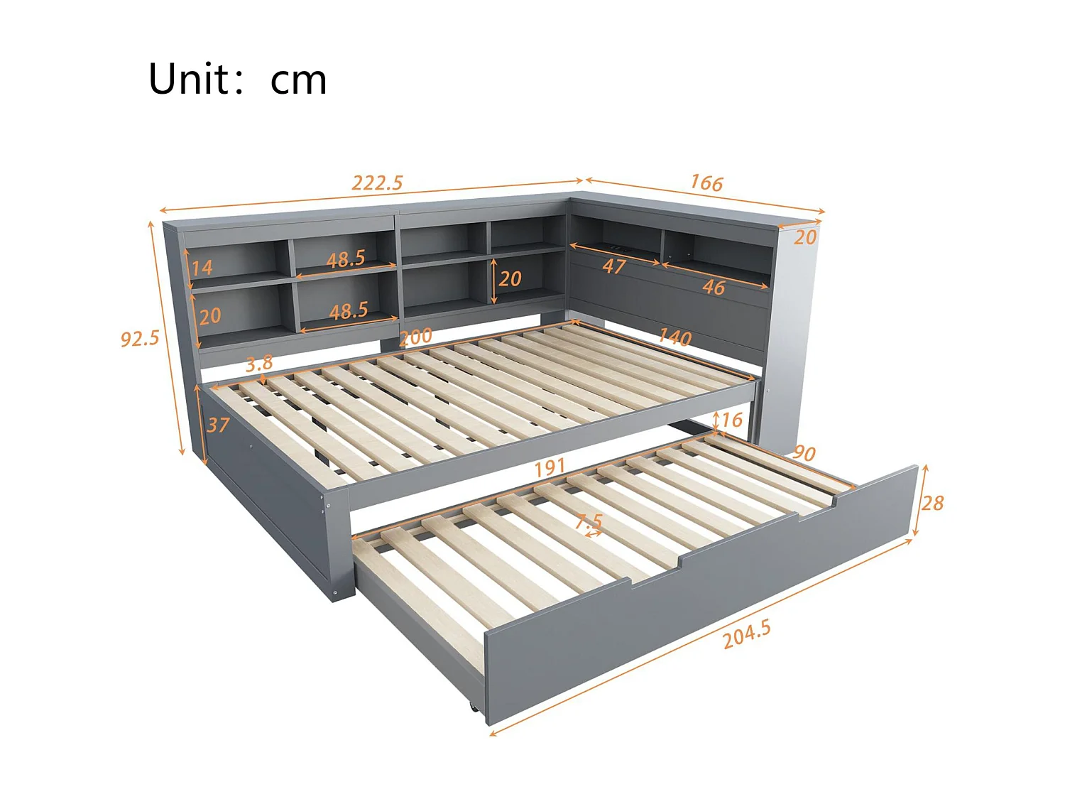 Lit banquette 140x200 cm avec un lit gigogne 90x190 cm - avec USB et multiples rangements - en bois massif - Gris