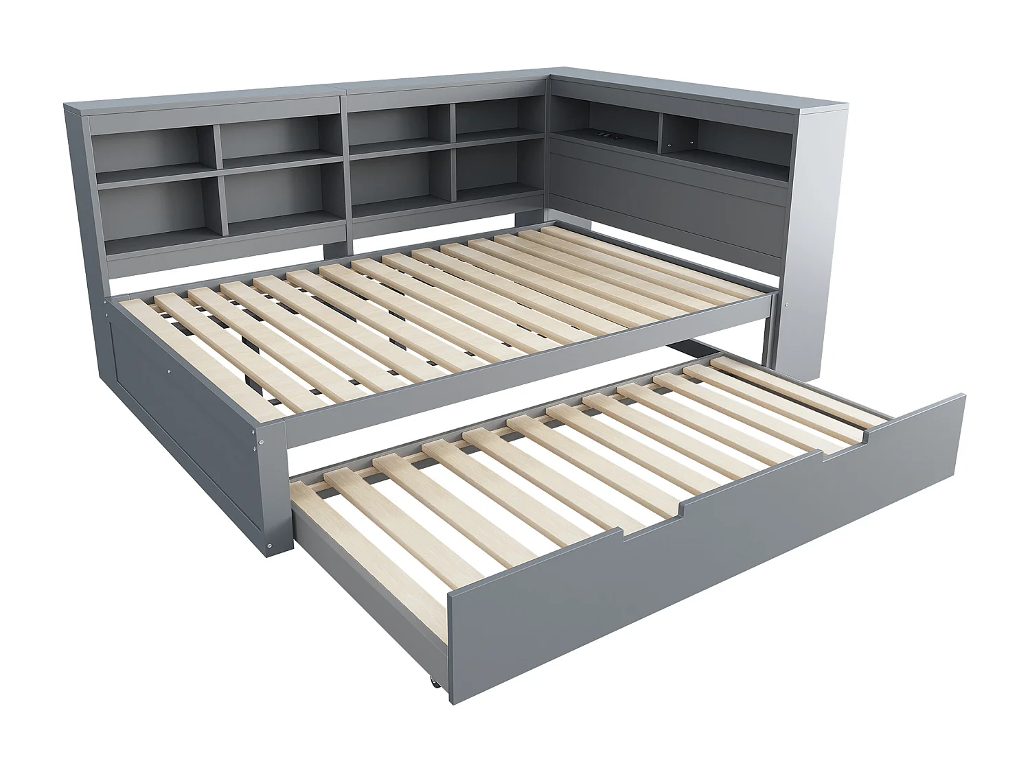 Lit banquette 140x200 cm avec un lit gigogne 90x190 cm - avec USB et multiples rangements - en bois massif - Gris