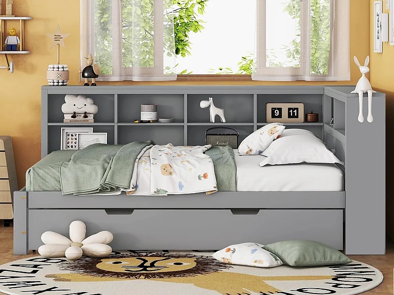 Sofá-cama 140x200 cm com bicama 90x190 cm - com USB e vários espaços de arrumação - em madeira maciça - Cinzento