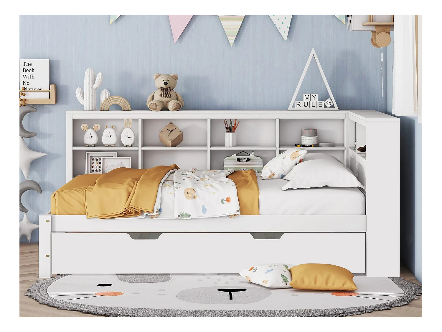 Lit banquette 140x200 cm avec un lit gigogne 90x190 cm - avec USB et multiples rangements - en bois massif - Blanc