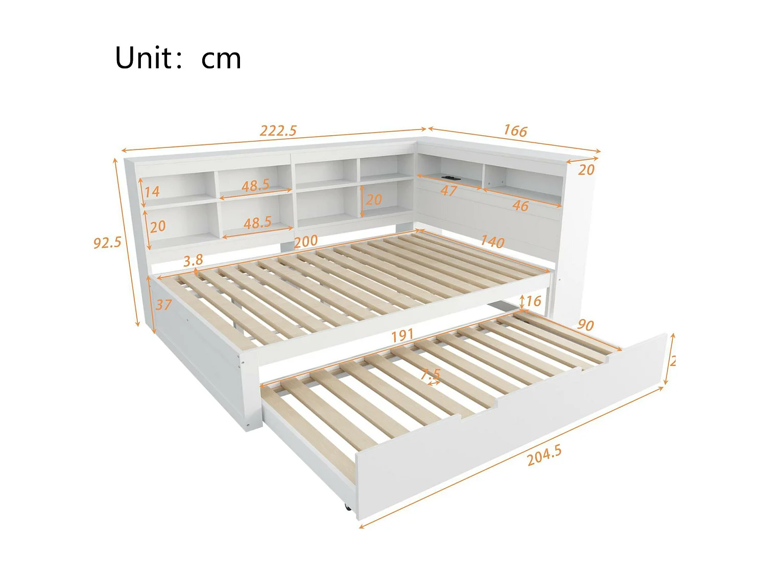 Łóżko banquette 140x200 cm z łóżkiem wysuwanym 90x190 cm - z USB i wieloma schowkami - z litego drewna - Białe