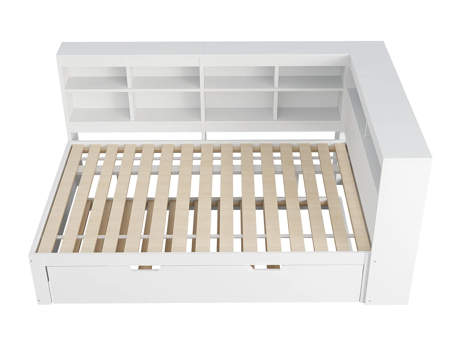 Łóżko banquette 140x200 cm z łóżkiem wysuwanym 90x190 cm - z USB i wieloma schowkami - z litego drewna - Białe