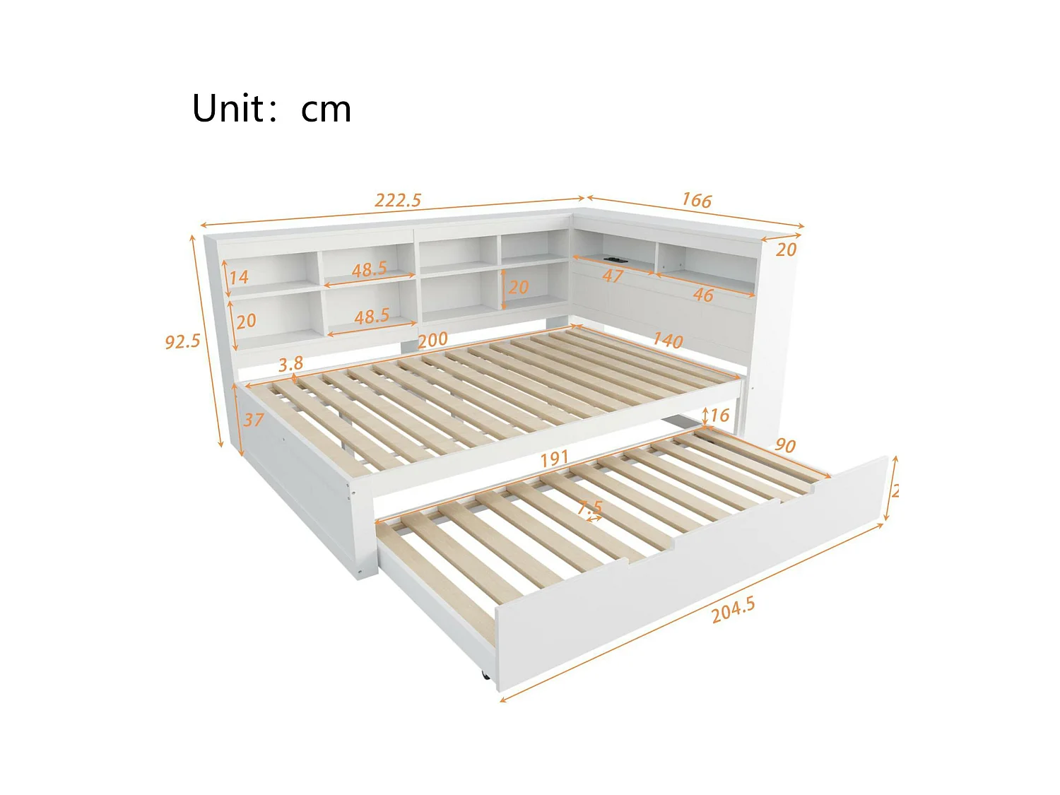 Łóżko banquette 140x200 cm z łóżkiem wysuwanym 90x190 cm - z USB i wieloma schowkami - z litego drewna - Białe