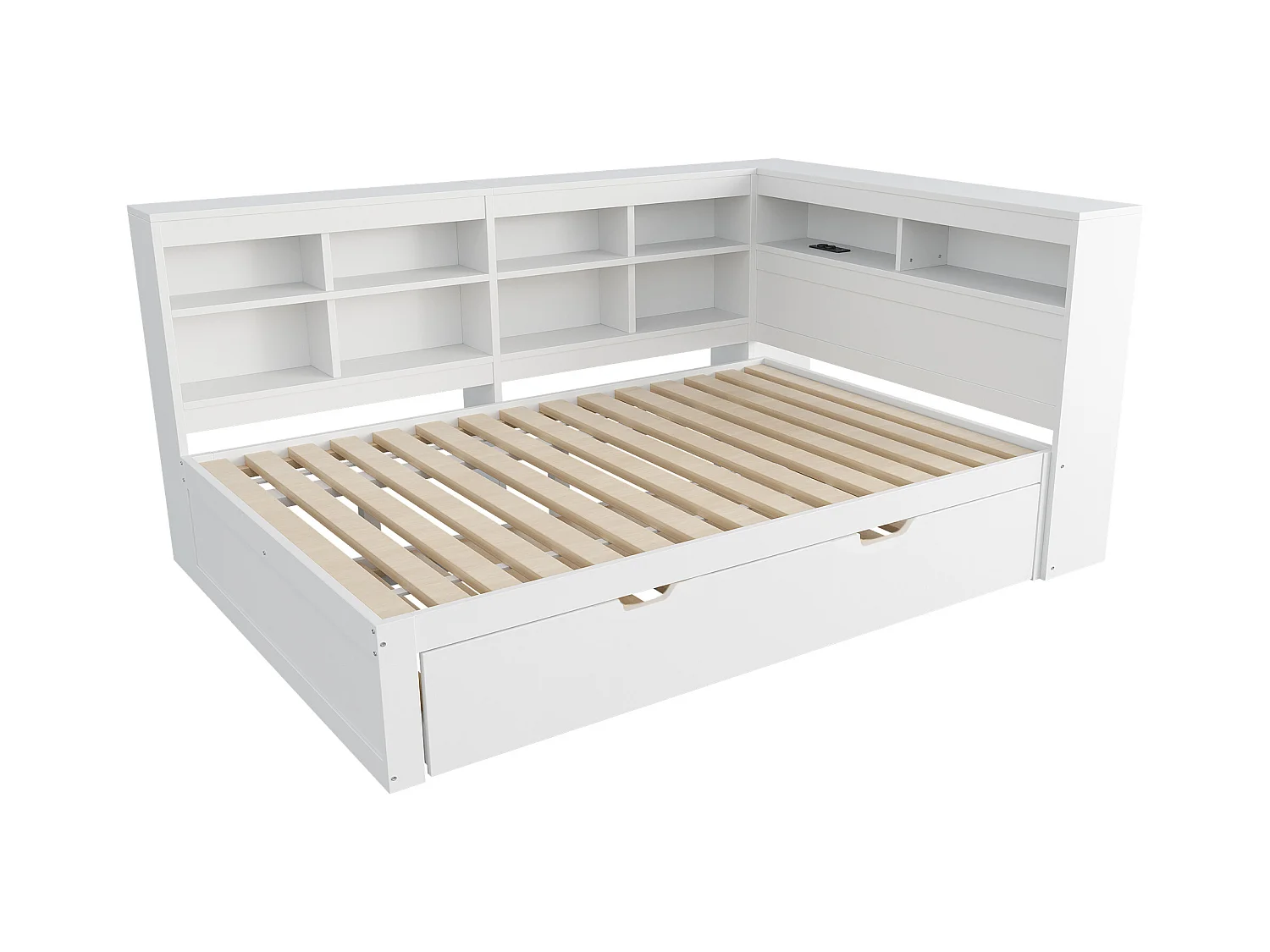 Łóżko banquette 140x200 cm z łóżkiem wysuwanym 90x190 cm - z USB i wieloma schowkami - z litego drewna - Białe