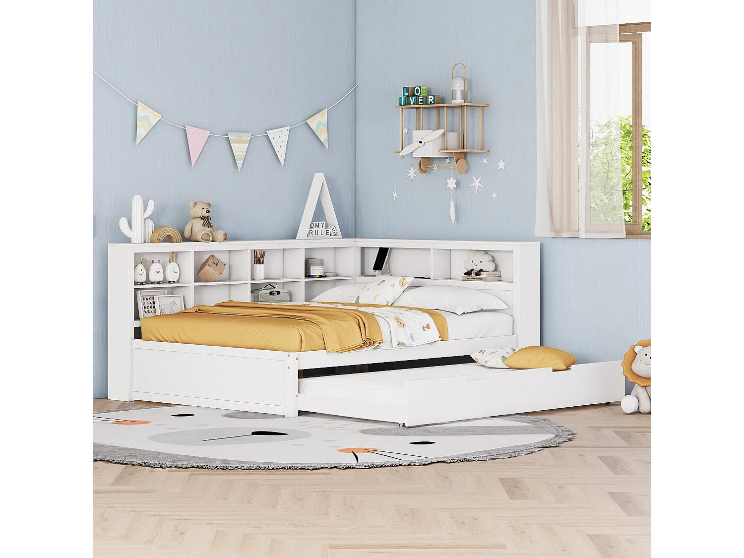 Łóżko banquette 140x200 cm z łóżkiem wysuwanym 90x190 cm - z USB i wieloma schowkami - z litego drewna - Białe