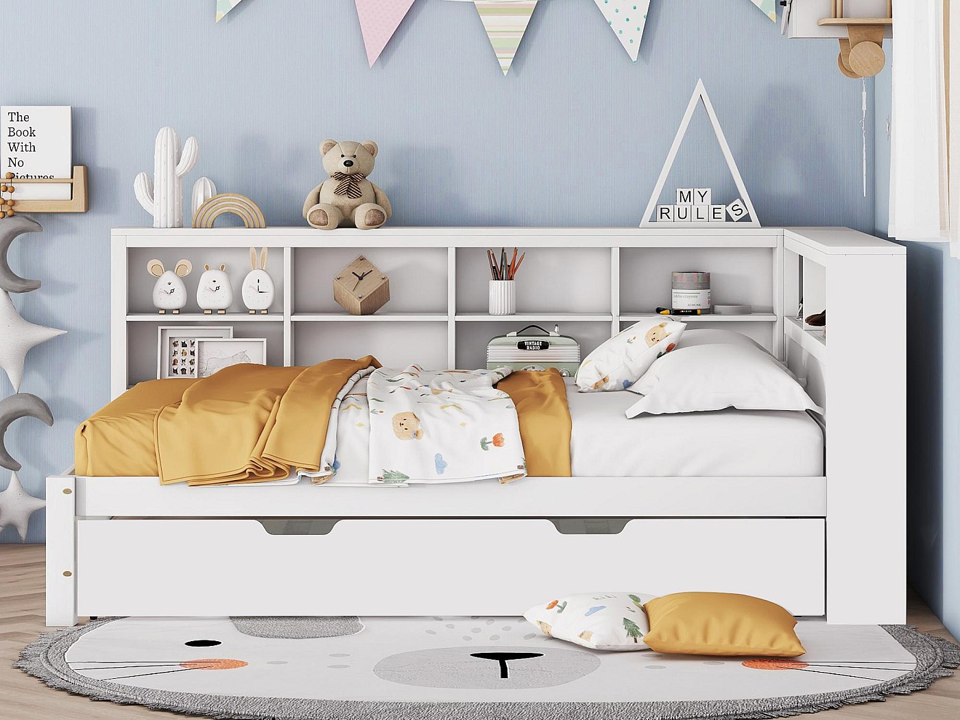 Moimhear Letto 90x200 Con Testiera A Libreria E 3 Cassetti Contenitore – Bianco – Con Letto Estraibile