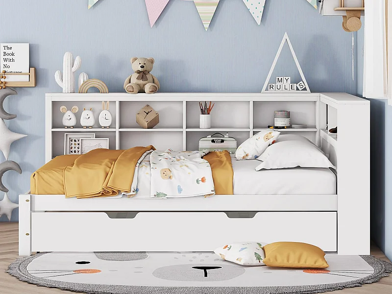 Slaapbank 140x200 cm met een onderschuifbed van 90x190 cm - met USB en meerdere opbergruimtes - in massief hout - Wit