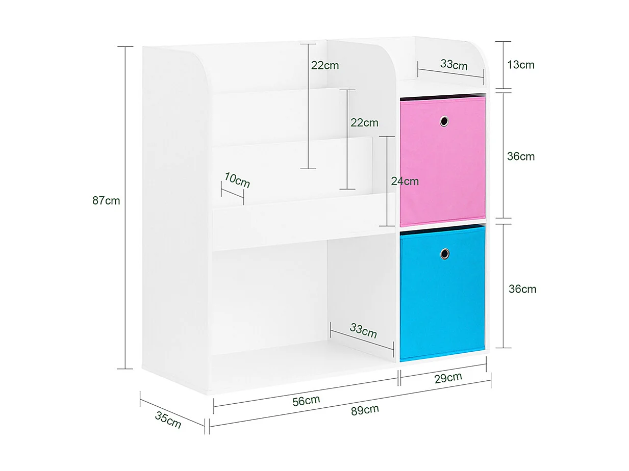 SoBuy Étagère de Rangement pour Livres et Jouets Enfant Bibliothèque Étagère à Livres Meuble de Rangement Multifonctionnel avec 2 Paniers, 89x35x87 cm, KMB37-F