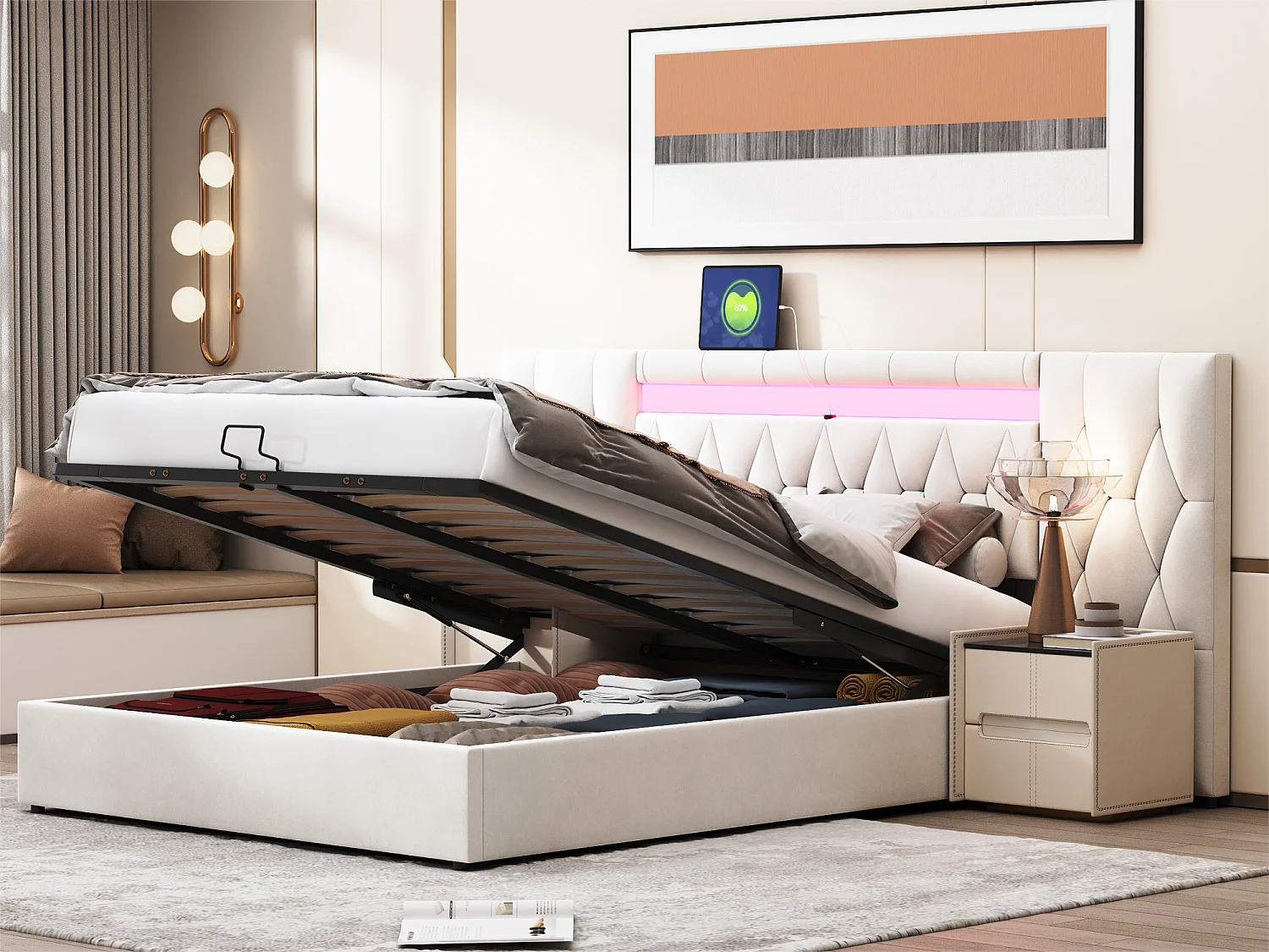 Cama de veludo 160x200 cm - com LED e tomada USB - Bege