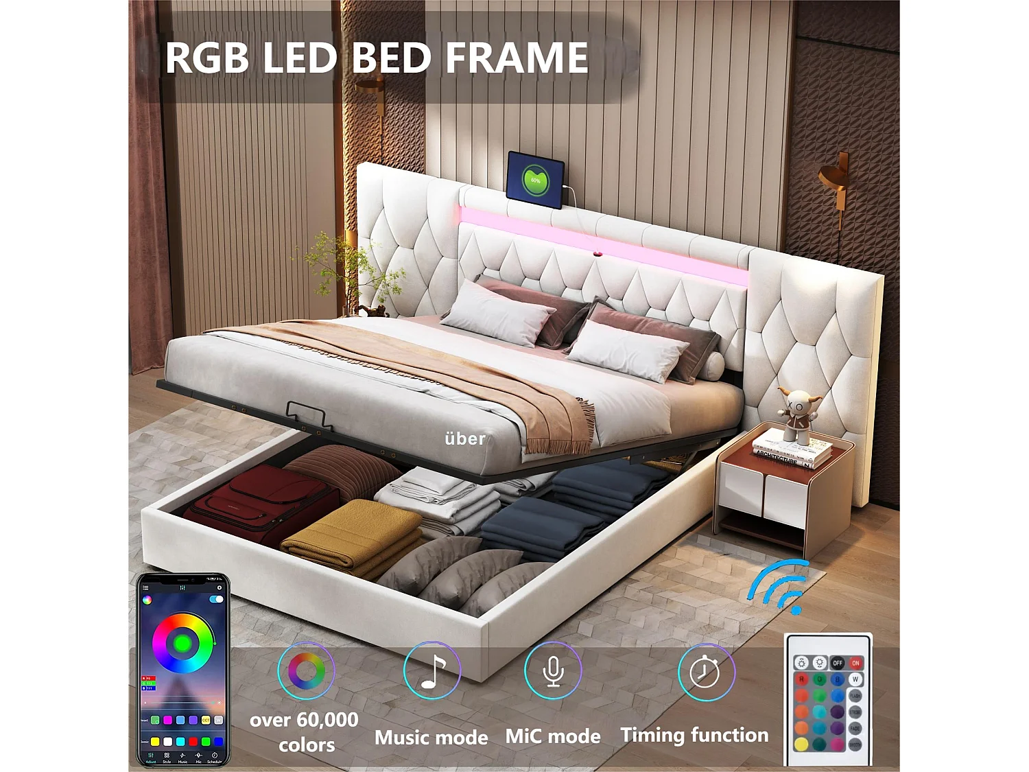 Cama de veludo 160x200 cm - com LED e tomada USB - Bege