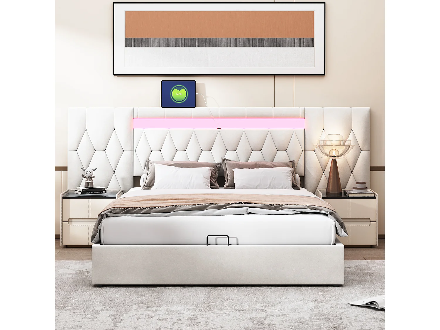 Cama de veludo 160x200 cm - com LED e tomada USB - Bege