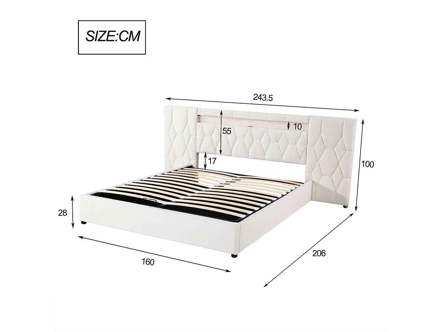 Cama de veludo 160x200 cm - com LED e tomada USB - Bege