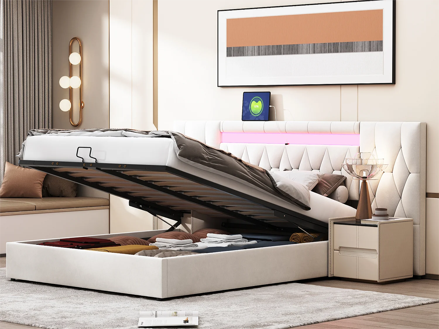 Łóżko z pojemnikiem 160x200 cm z weluru - z LED i gniazdem USB - Beżowe