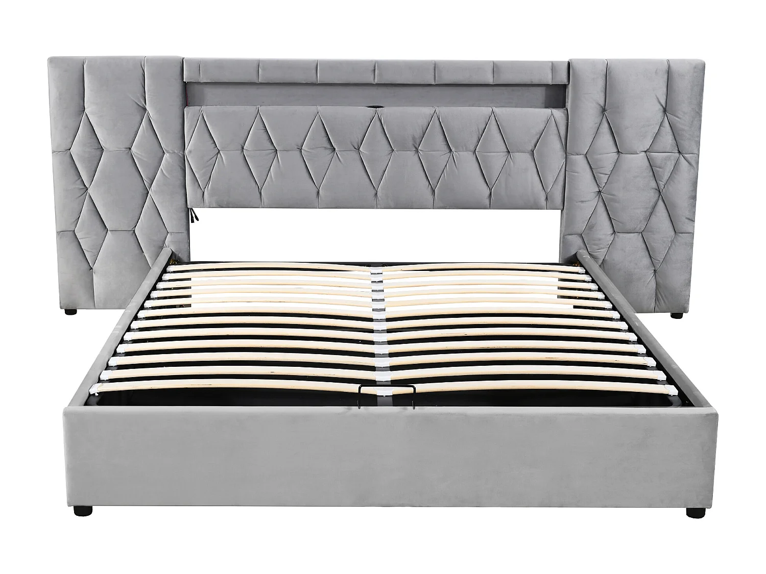 Cama con almacenaje de terciopelo 180x200 cm - con LED y toma USB - Gris