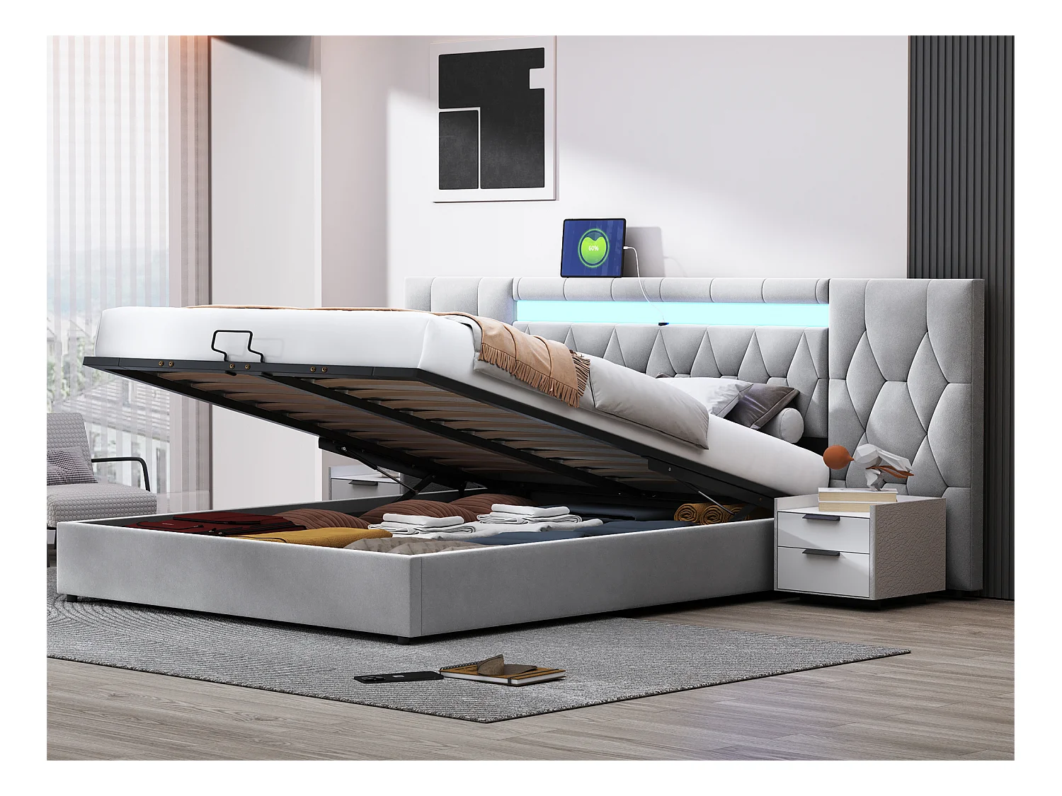 Lit coffre 180x200 cm en velours - avec LED et prise USB - Gris