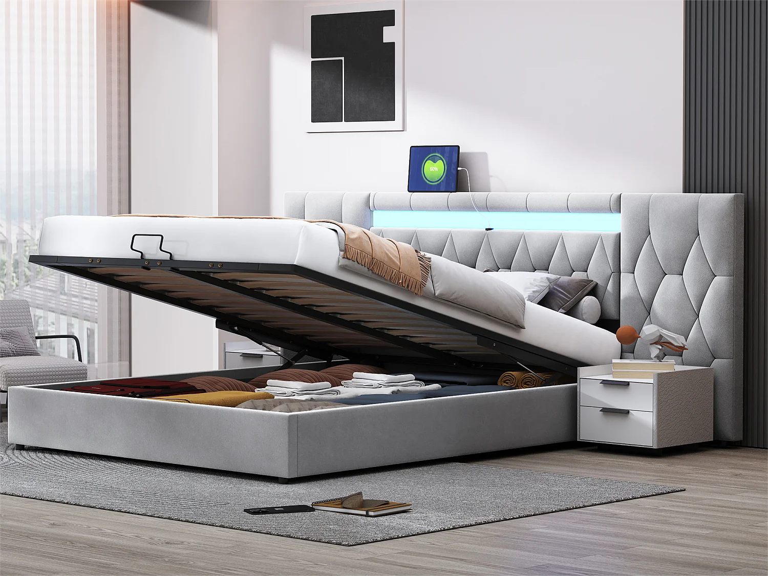 Lit coffre 180x200 cm en velours - avec LED et prise USB - Gris