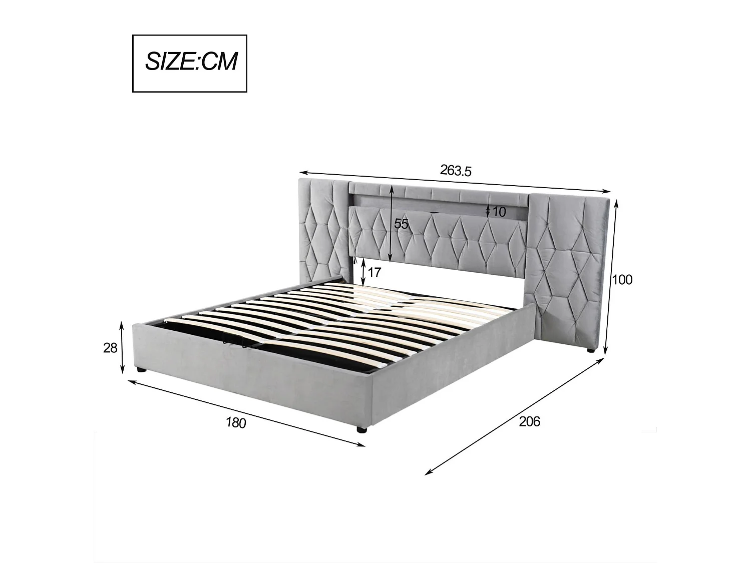 Lit coffre 180x200 cm en velours - avec LED et prise USB - Gris