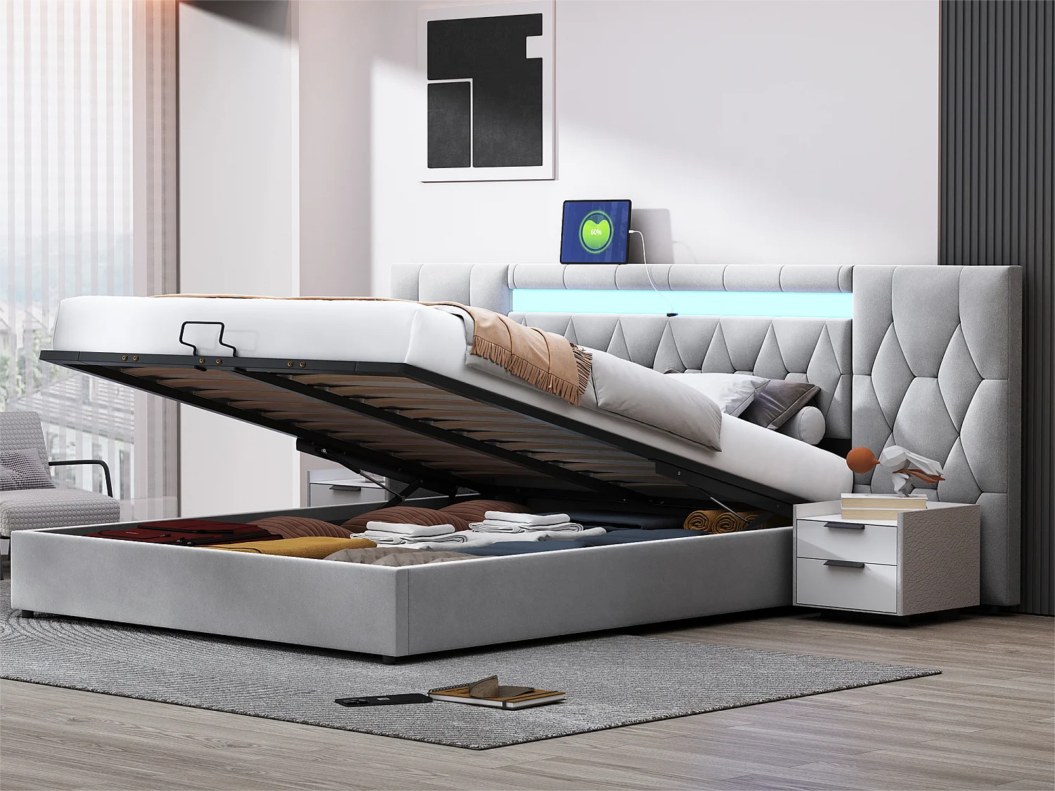 180x200 cm fluwelen opbergbed - met LED en USB-aansluiting - Grijs