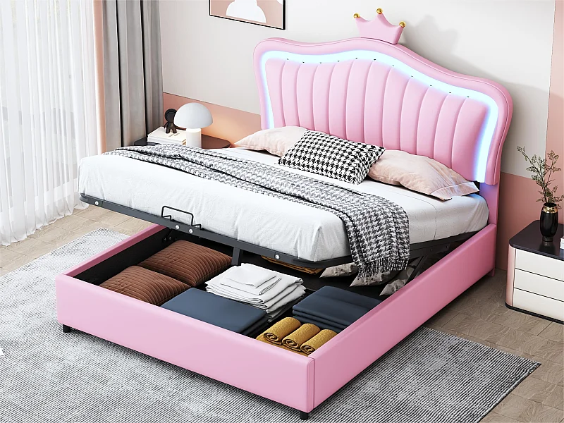 Cama de arrumação em pele sintética 140x200 cm - com LED e base de ripas - Rosa