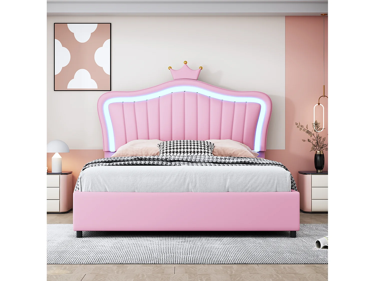 Bettkasten aus Kunstleder, 140 x 200 cm – mit LED und Lattenrost – Rosa