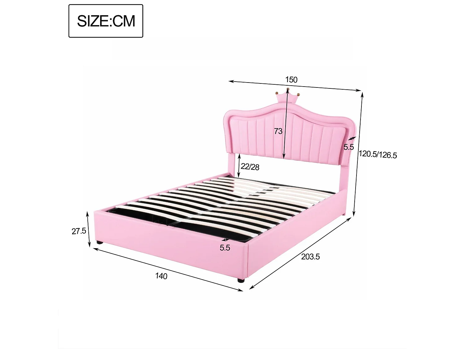 Bettkasten aus Kunstleder, 140 x 200 cm – mit LED und Lattenrost – Rosa