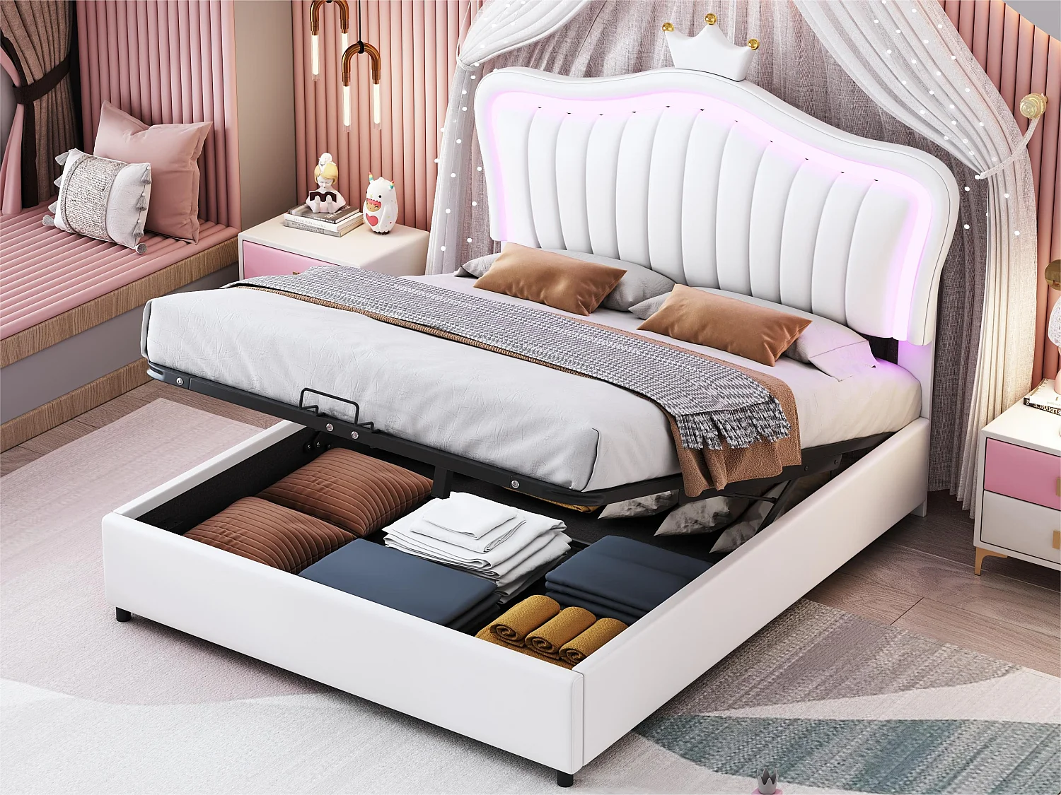 Cama contenedor de piel sintética 140x200 cm - con LED y somier - Blanco