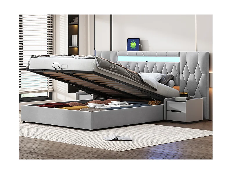 160 x 200 cm großes Stauraumbett aus Samt – mit LED und USB-Anschluss – Grau