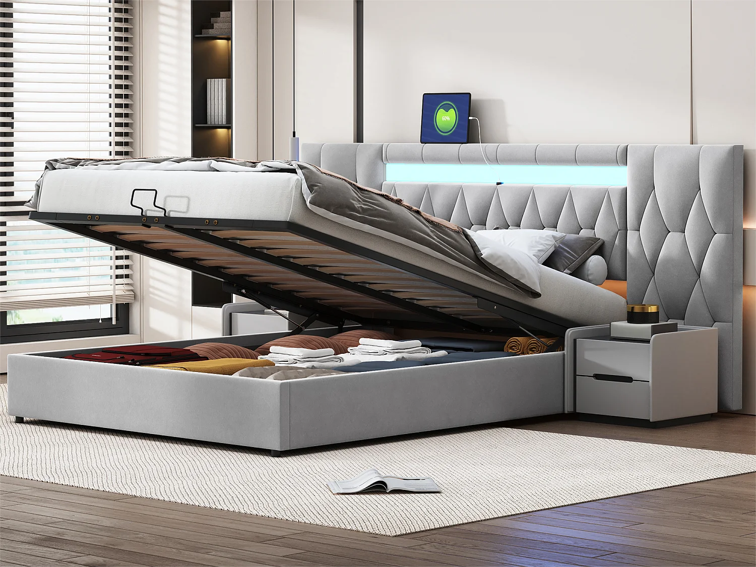 Letto contenitore in velluto 160x200 cm - con LED e presa USB - Grigio