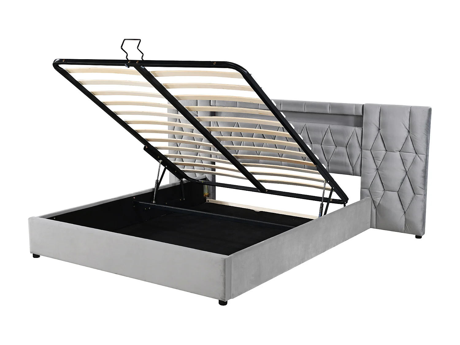 Letto contenitore in velluto 160x200 cm - con LED e presa USB - Grigio