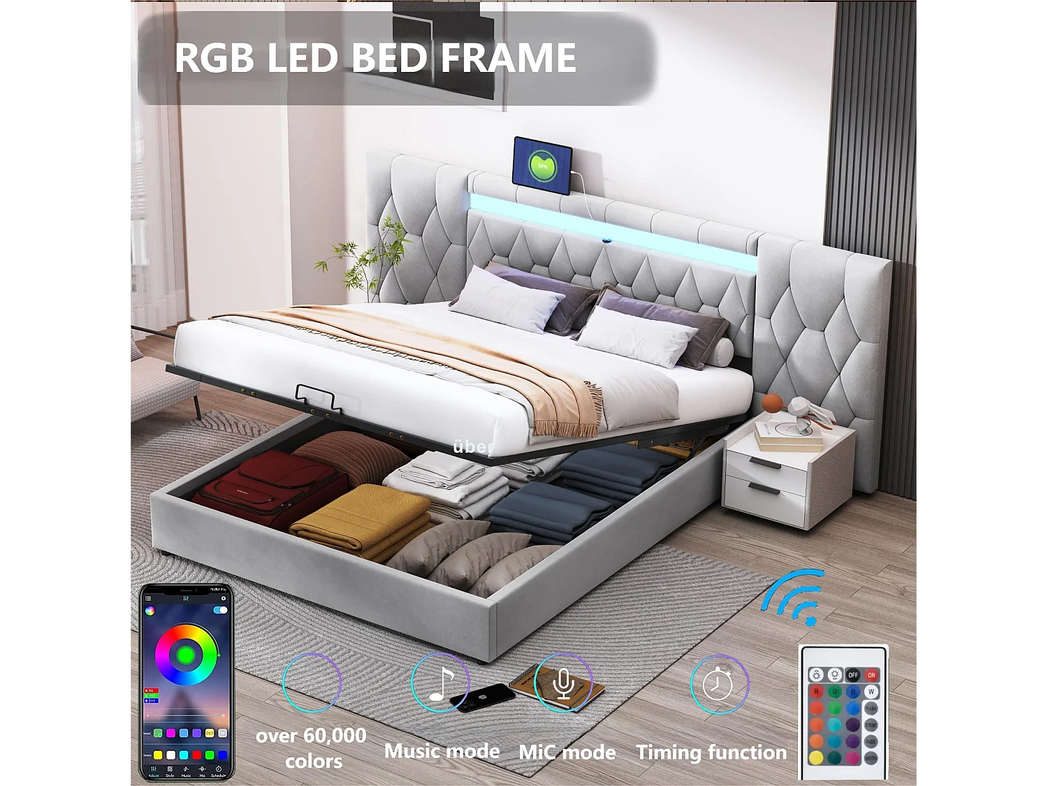 Lit coffre 160x200 cm en velours - avec LED et prise USB - Gris