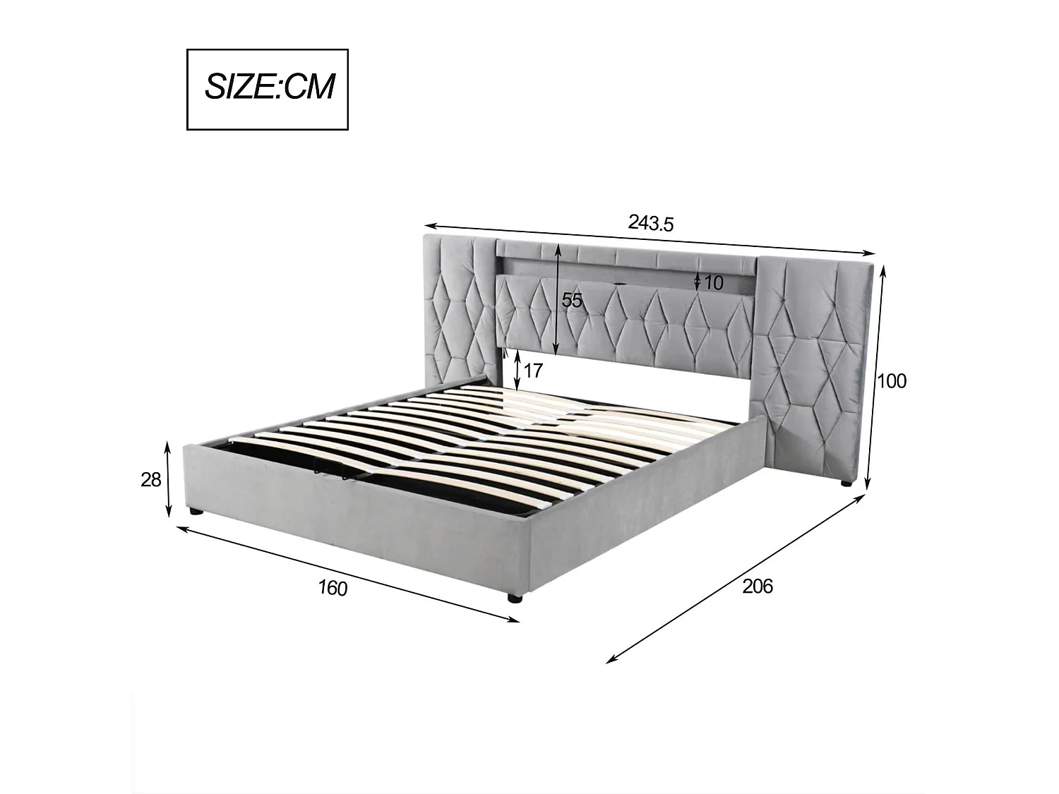 Lit coffre 160x200 cm en velours - avec LED et prise USB - Gris