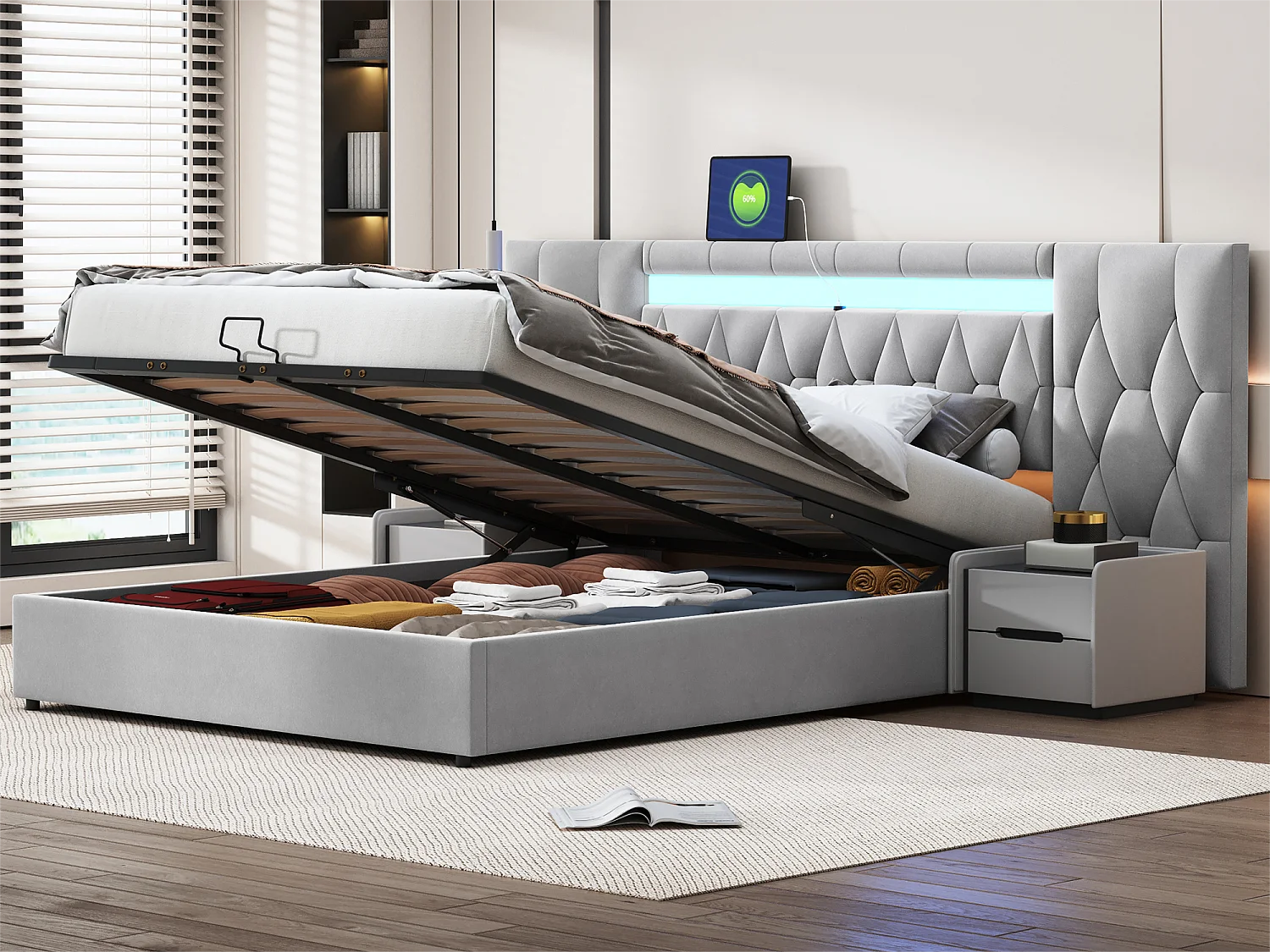 Lit coffre 160x200 cm en velours - avec LED et prise USB - Gris